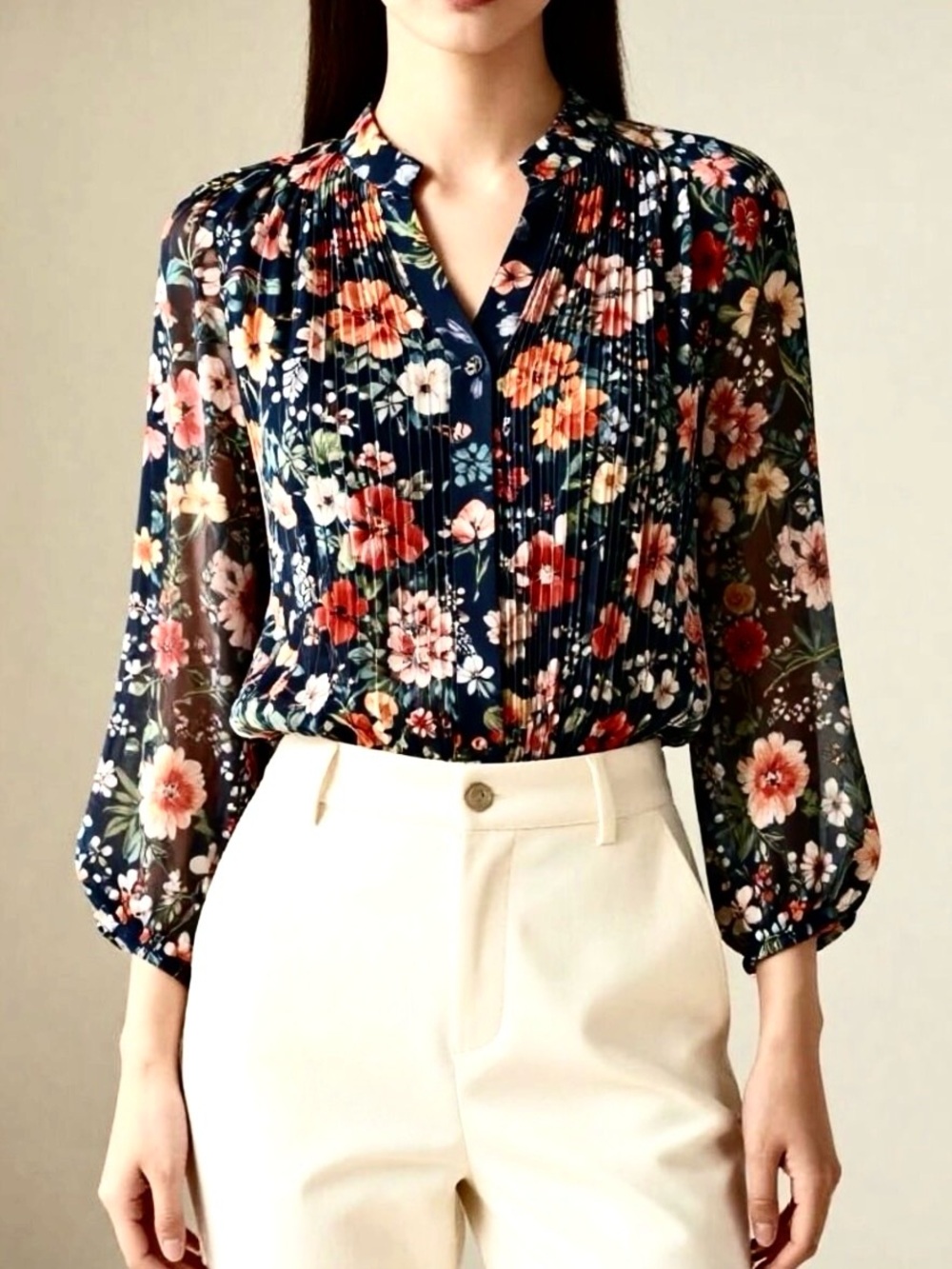 New DEMOCRACY Pleated Georgette Floral Blouse Blouson Sleeves Blk\Multi S